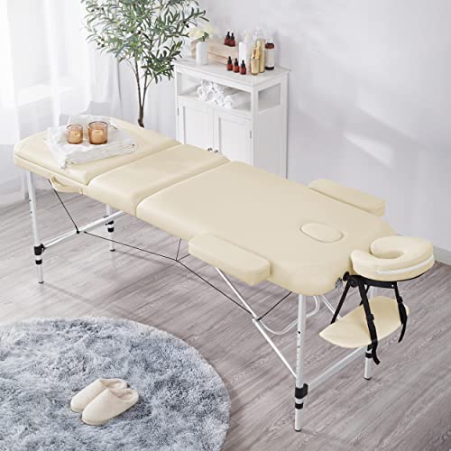 Topeakmart Portable Massage Table Aluminum Massage Bed Spa Bed Therapy Table Collapsable Treatment Table Height Adjustable Salon Bed 84 Inch 3 Fold, Cream