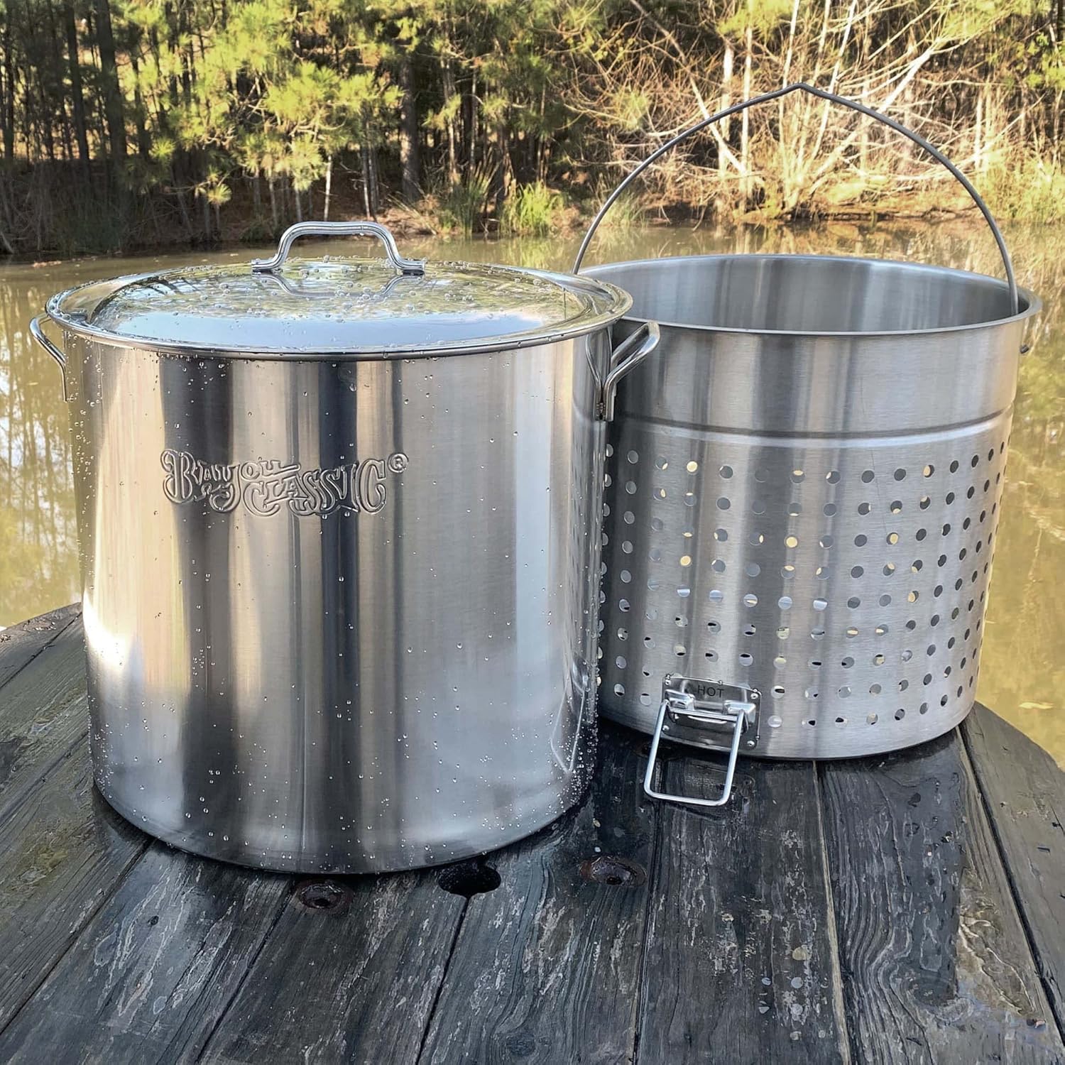 Bayou Classic 1182 82-qt Stainless Stockpot w/Stainless Perforated Basket Features Heavy Welded Loop Handles Domed Vented Lid Perfect For Steaming Boiling Canning and Preserving