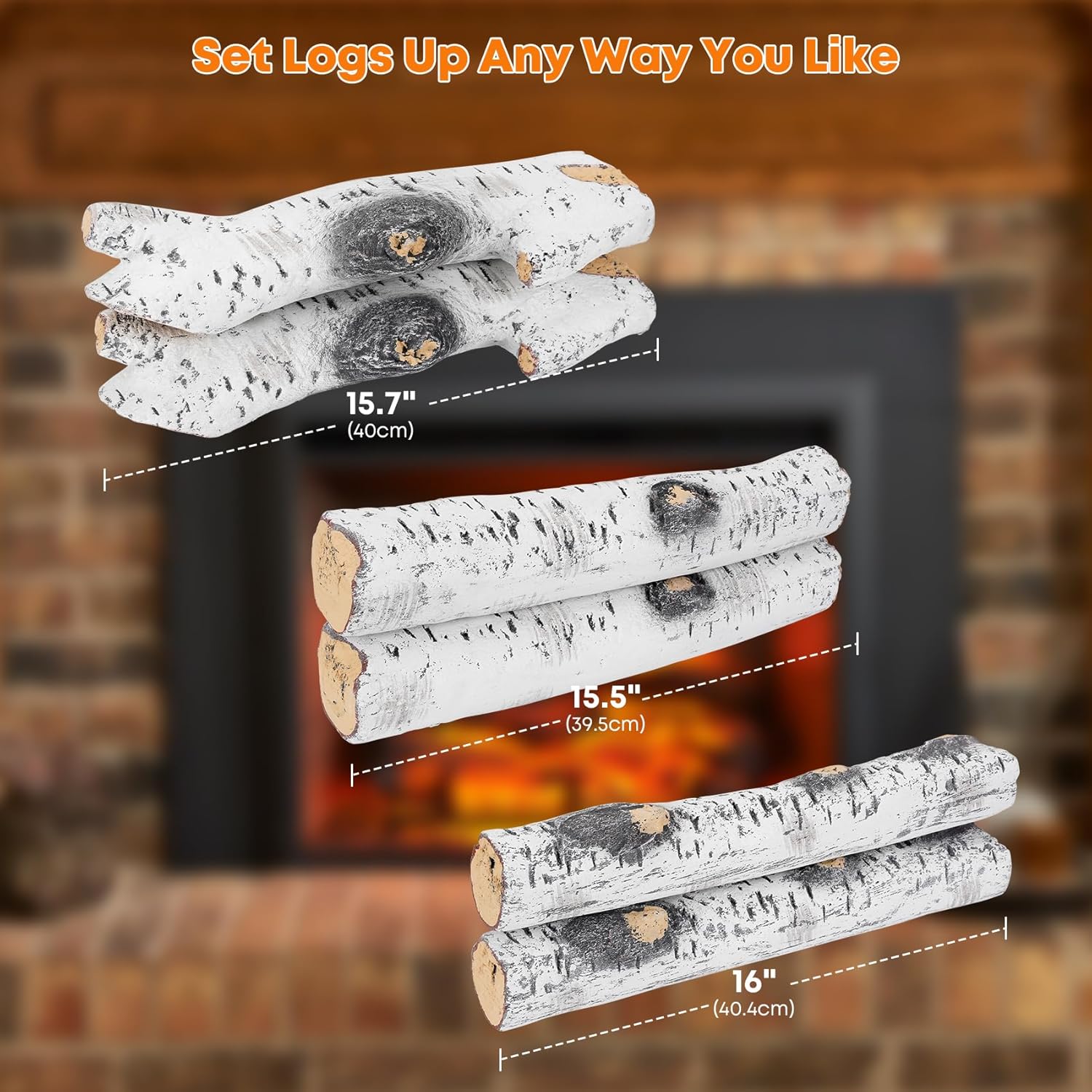 Stanbroil Gas Fireplace Logs Set, Ceramic White Birch Wood Gas Log for All Types of Vented, Indoor Inserts, Electric Gas Fireplace, Outdoor Firebowl, Fake Wood Logs Fireplace Decor, 6 pcs