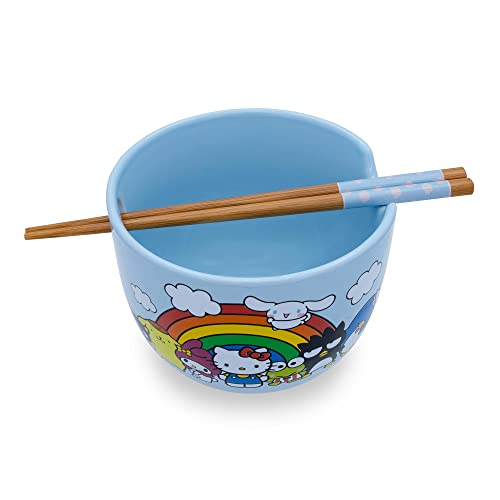 Toynk Sanrio Hello Kitty and Friends Rainbow Ceramic Dinnerware Set | Includes 20-Ounce Ramen Noodle Bowl and Wooden Chopsticks