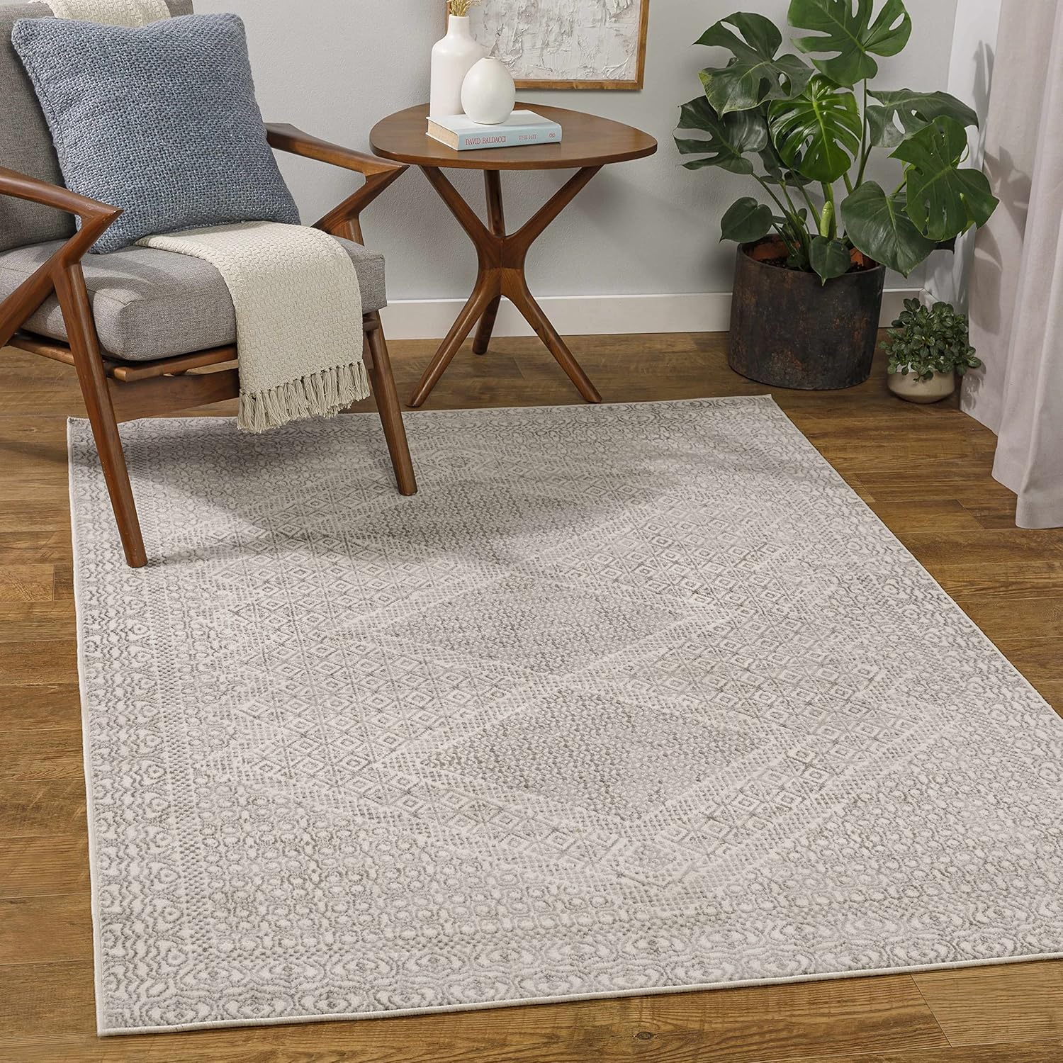 Hauteloom Calubian Bohemian Living Room, Bedroom Area Rug - Modern Boho Moroccan Farmhouse - Striped Geometric Carpet - Cream, Beige, Gray - 5' x 7'