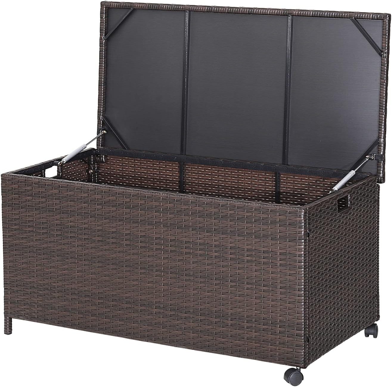 RELAX4LIFE Patio Rattan Storage Box - 50 Gallon All-Weather Wicker Storage Box w/Top Lid, Protective Liner and Wheels, Outdoor Deck Box Waterproof for Cushions, Toys, Garden Tools