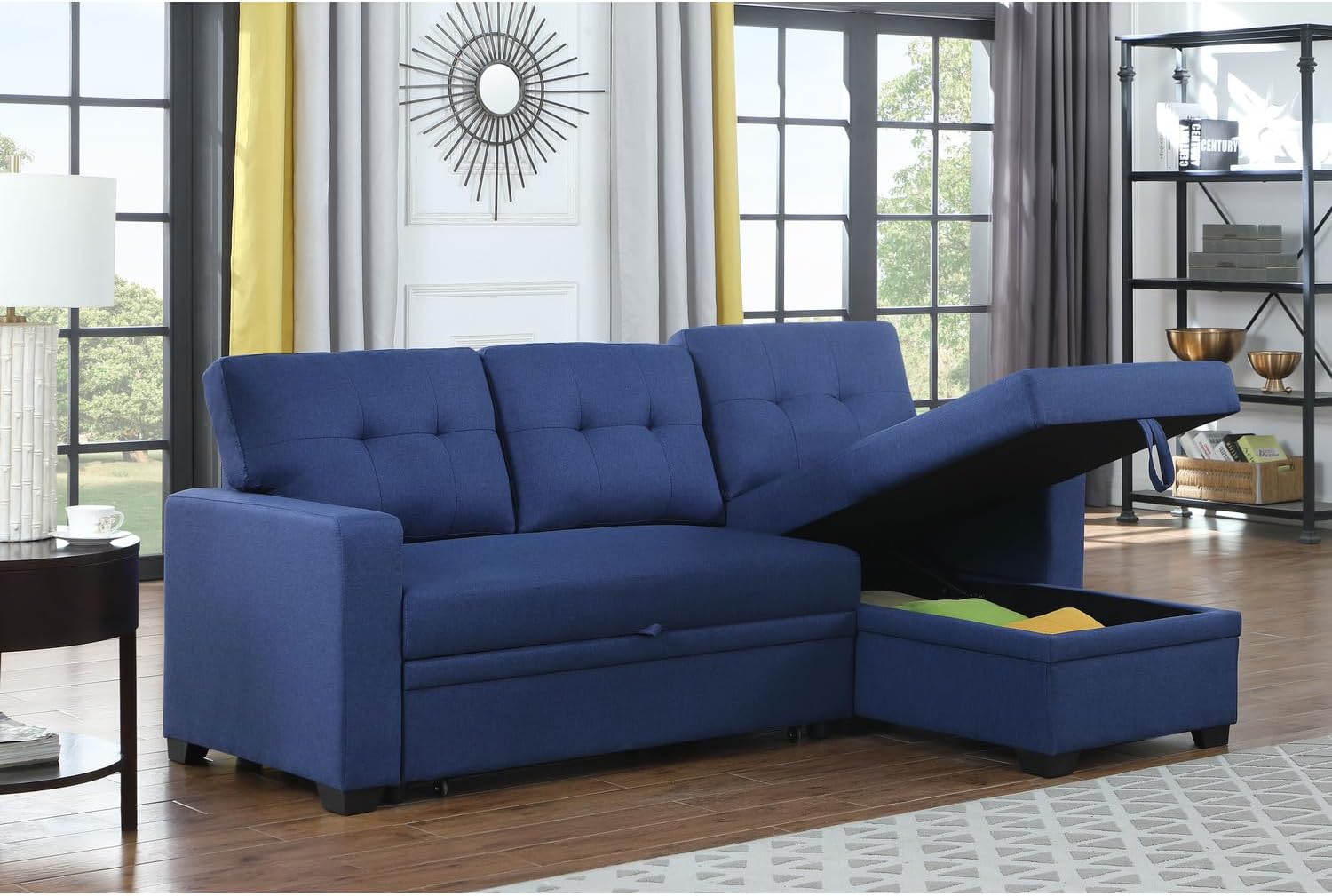 Devion Furniture Polyester Fabric Reversible Sleeper Sectional Sofa-Blue
