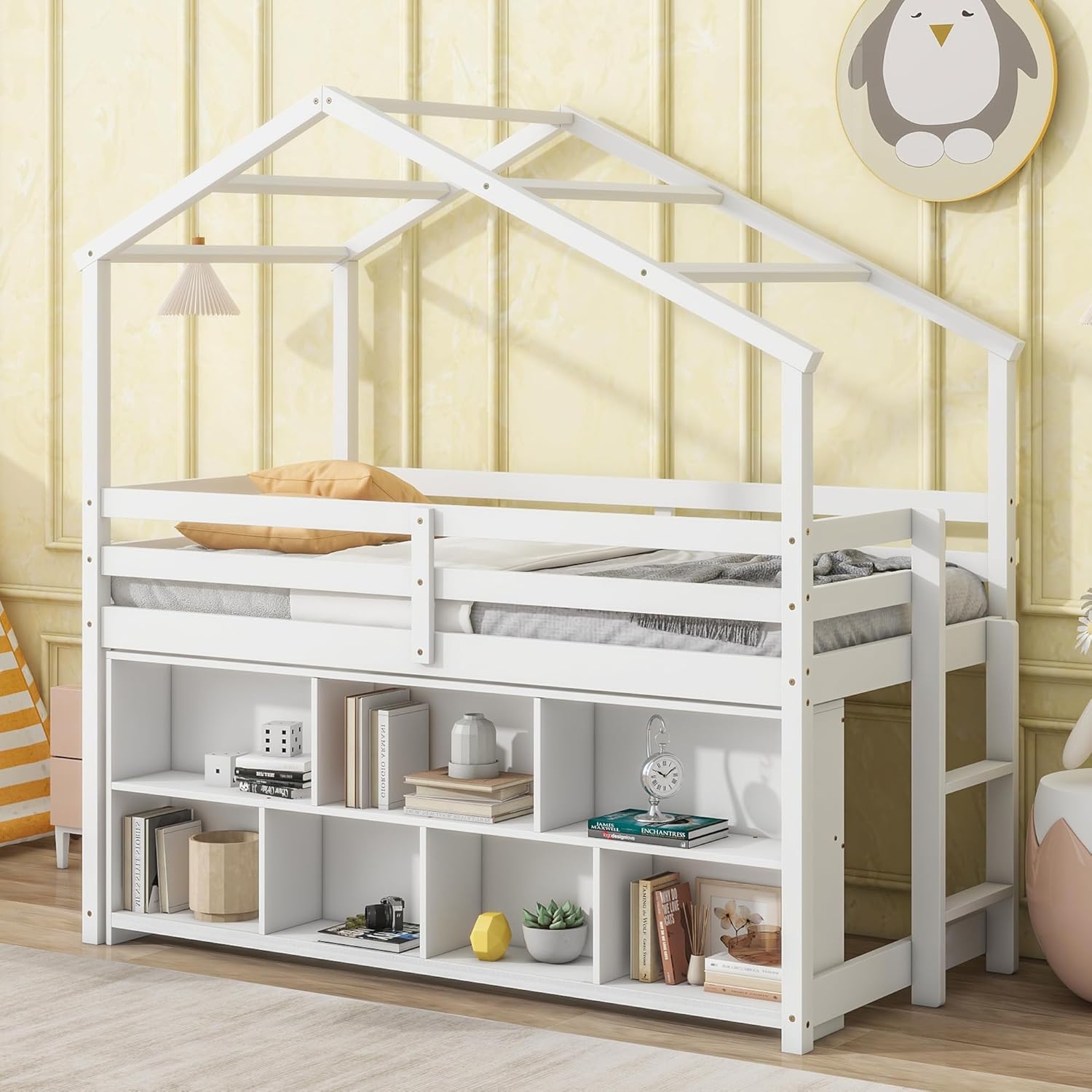 Twin Size House Loft Bed for Kids,Wooden Low Loftbed with Storage Shelves and Roof for Bedroom,White