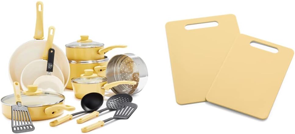 GreenLife 16 Piece Ceramic Nonstick Cookware Set with Kitchen Utensils and 2 Piece Cutting Board Set, Yellow