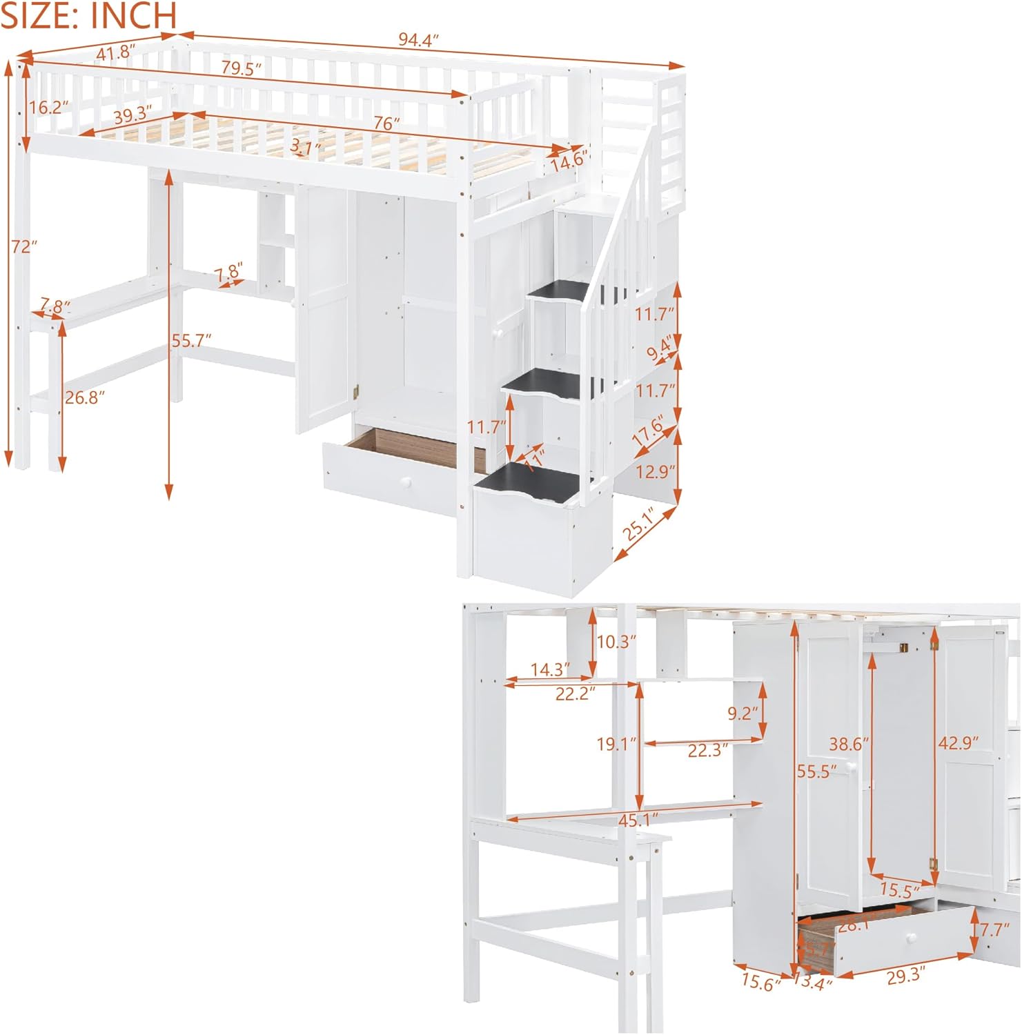 Twin Size Loft Bed with Desk, Wood Loft Beds with Stairs, Bookshelf, Wardrobe and Drawer for Kids, Teens, Boys and Girls, Stairway High Loftbed Frame for Bedroom, White