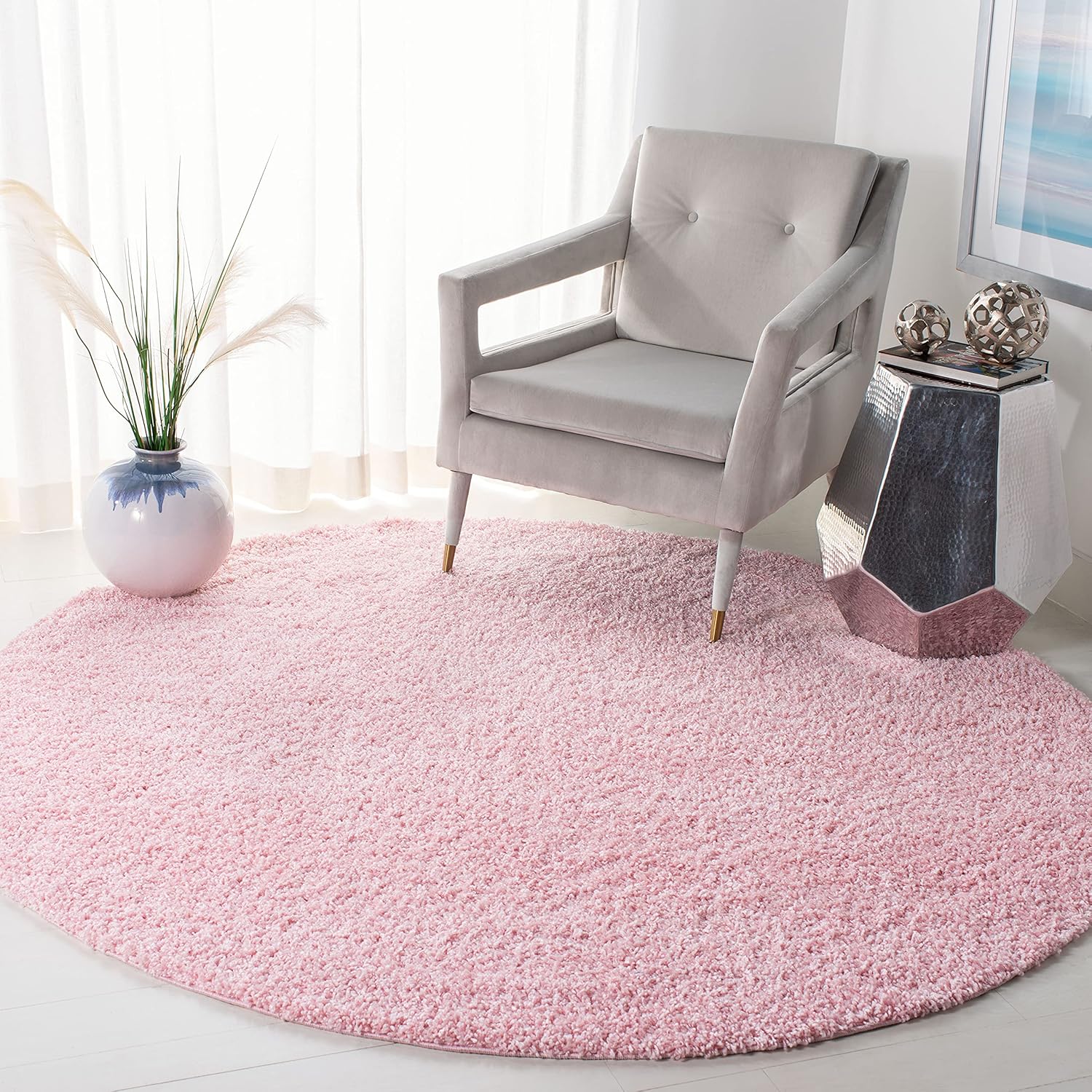 SAFAVIEH Primo Shag Collection Area Rug - 4' Round, Light Pink, Solid Design, Non-Shedding & Easy Care, 1.2-inch Thick Ideal for High Traffic Areas in Living Room, Bedroom (PRM300U)