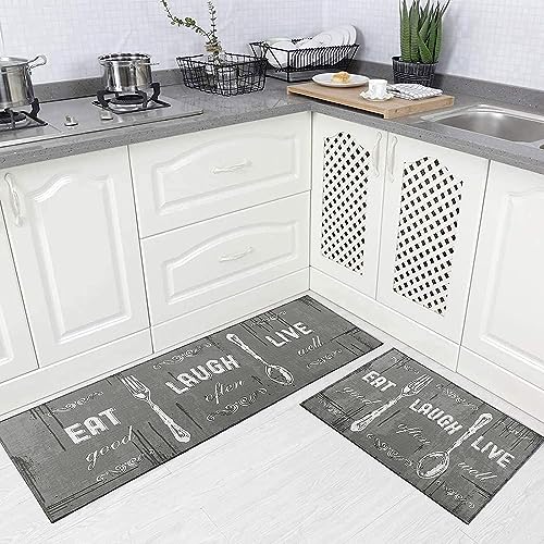 Carvapet 2 Piece Kitchen Rug Set Non-slip Backing Mat Throw Rug for Kitchen Doormat Runner Rug Set, Motto Design, Blackish/Dark Grey (17