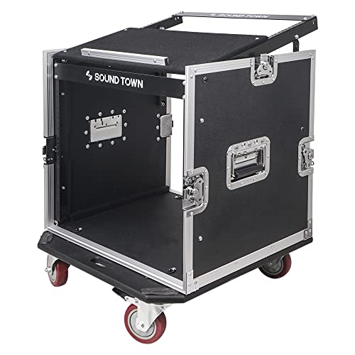 Sound Town 14U PA DJ Rack/Road Case with 11U Slant Mixer Top, 20’’ Rackable Depth and Casters, 14-Space ATA Case, Pro Tour Grade (STMR-14UW)