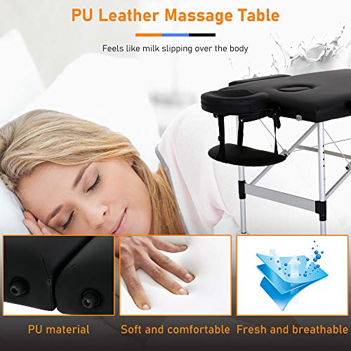 Massage Table Portable Foldable 73 Inch Height Adjustable 2 Fold Lash Bed For Eyelash Extensions with Aluminium Legs, Face Cradle, Carry Case Tattoo Table Facial Bed, Hold Up To 450lbs, Black