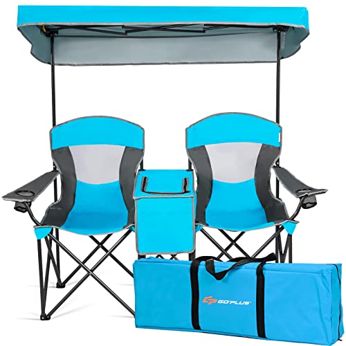 Goplus Double Beach Chair with Canopy Shade, Folding Lawn Camping Chairs with Sunshade & Mini Table Beverage Holder & Carrying Bag for Outdoor Travel Hiking Fishing Poolside (Lake Blue)