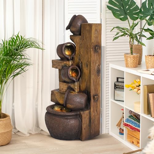 MAGIC UNION Outdoor Water Fountain Cascading Bowls and Stacked Stones LED 5 Tiers Modern Waterfall Fountain for for Gardens, Landscaping, Patios, Balconies, and Lawns (Gold)