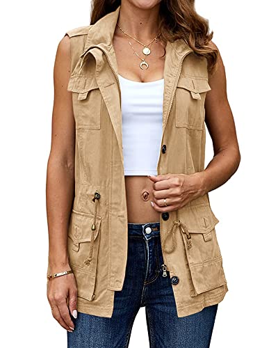 Koodred Women's Casual Military Utility Vest Lightweight Sleeveless Drawstring Jackets with Pockets
