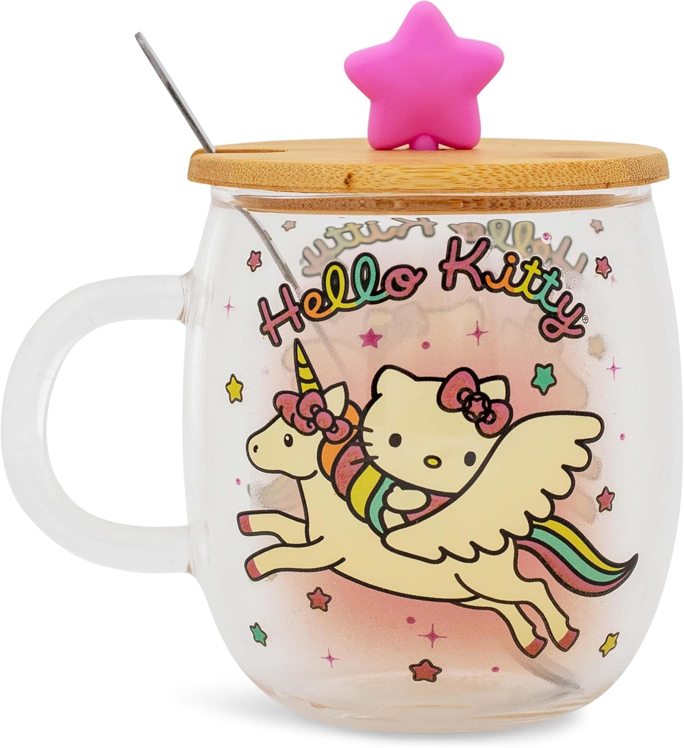 Silver Buffalo Sanrio Hello Kitty Unicorn Glass Mug With Star-Topper Lid and Spoon | Large Coffee Cup For Tea, Espresso, Cocoa | Holds 17 Ounces