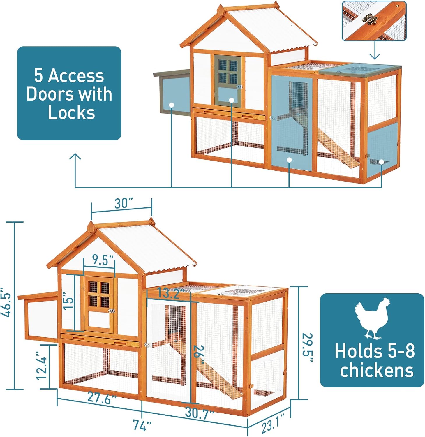 Outdoor Chicken Coop Wooden Hen House with Run, Poultry Cage w/Ramps, Nesting Box, 5 Access Areas, Wire Fence, Removable Bottom for Easy Cleaning