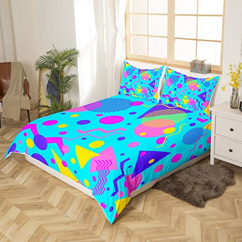 80s 90S Fashion Style Bedding Set Queen Size,Retro Memphis Style Pattern with Geometrical Shapes Duvet Cover for Kids Child,Funky Hipster Old Fashioned Comforter Cover Geometric Bedroom Decor
