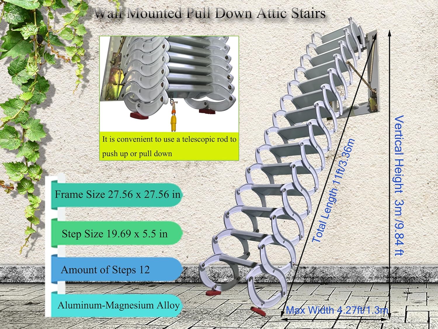 TECHTONGDA Loft Ladder Al-Mg Alloy Attic Steps Pull Down 12 Steps Attic Stairs Wall-mounted Folding Ladder Attic Loft Ladder Stairs with Armrests 9.8ft Height 27.6x27.6in Frame Size