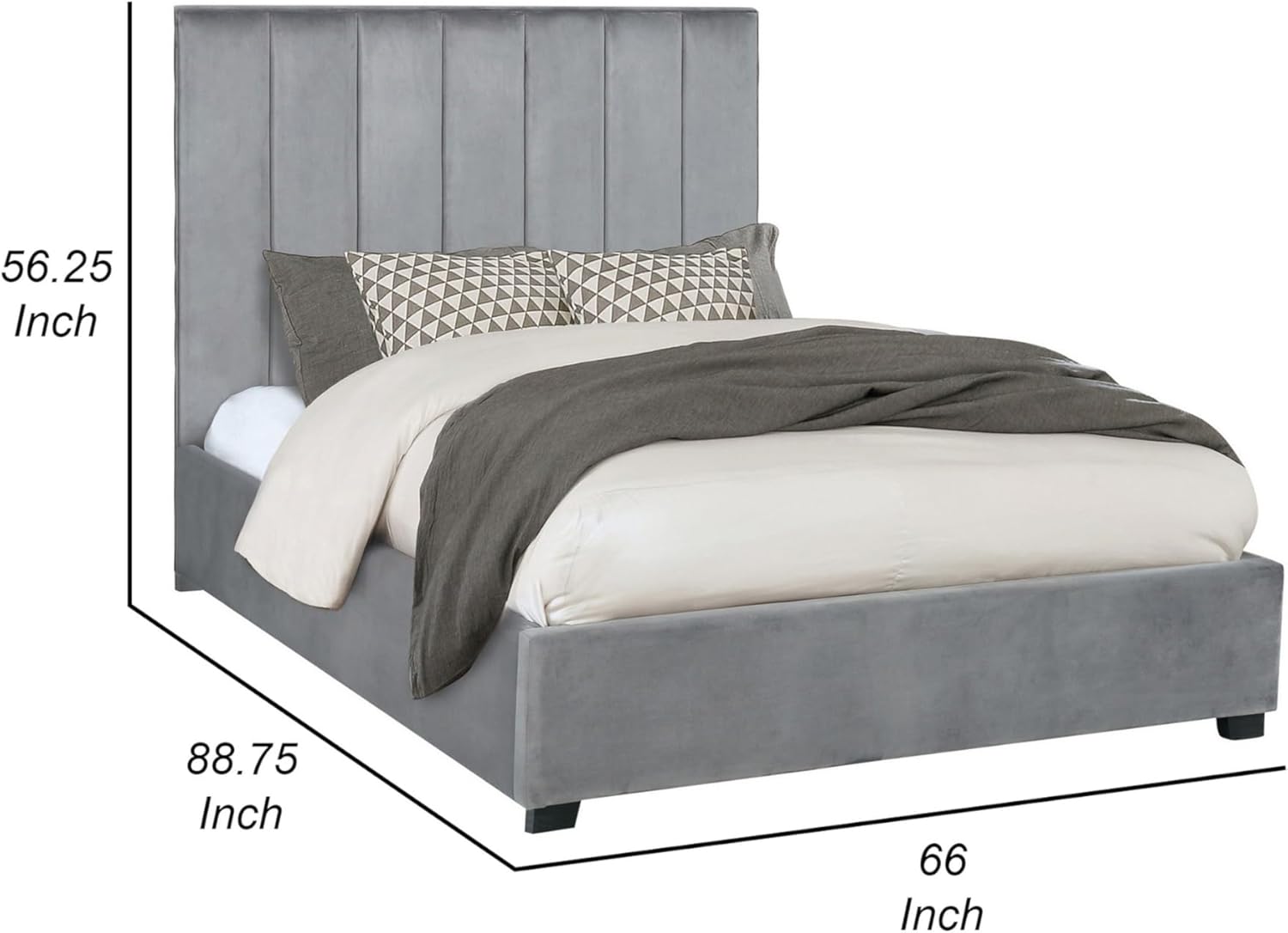 Benjara ESA Queen Panel Bed, Vertical Channeled Headboard, Velvet Upholstery, Gray and Black