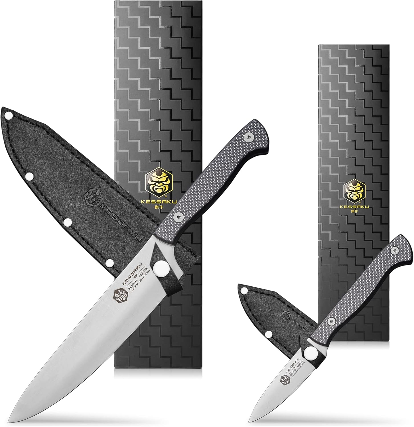 8-Inch Chef and 3.5-Inch Paring - Senshi Series Knife Set - Forged High Carbon Japanese AUS-8 Stainless Steel - Carbon Fiber G10 Handle with Blade Guards