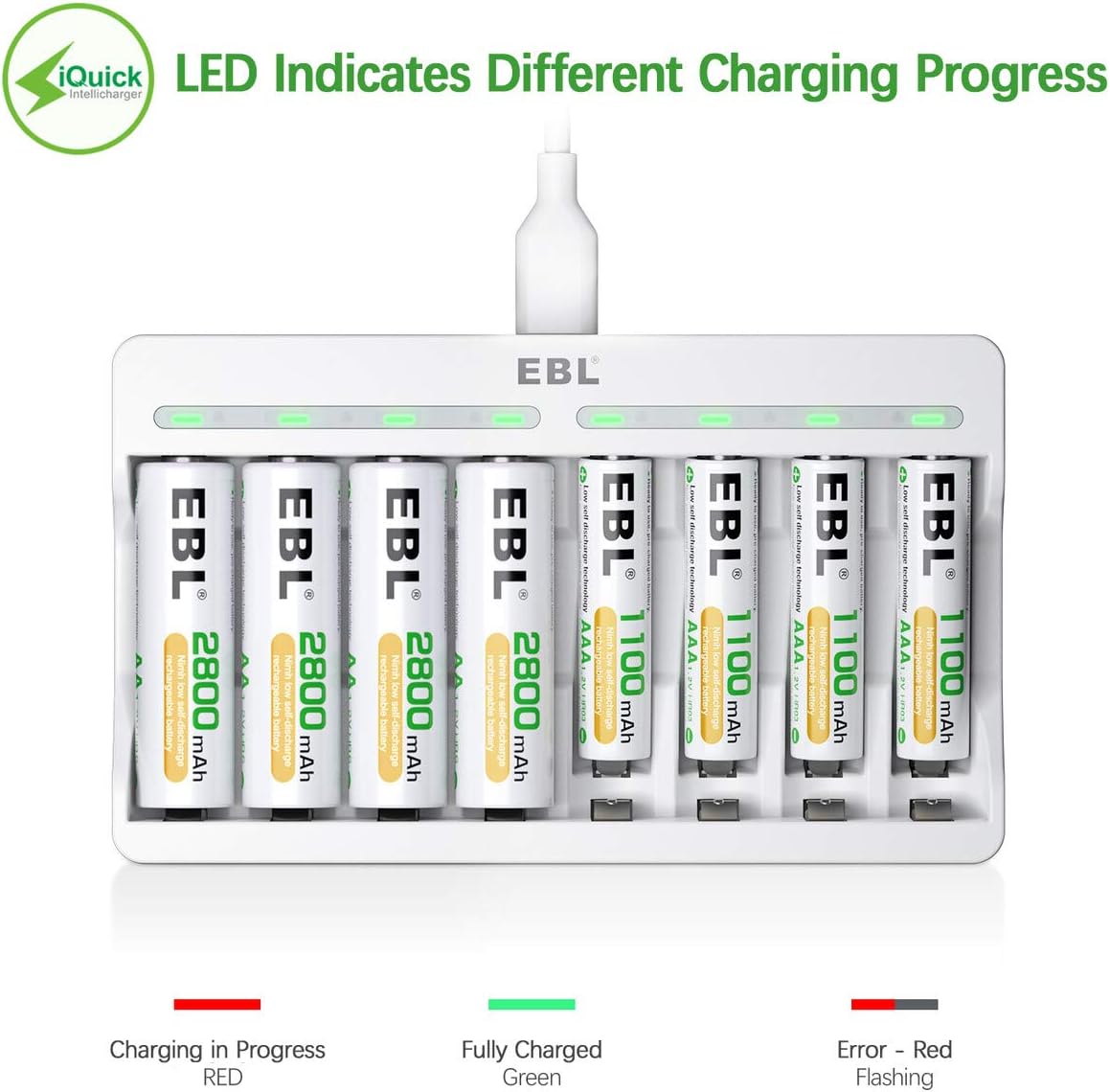 EBL Rechargeable AA Batteries 2800mAh 24 Pack and 8-Bay AA AAA Individual Rechargeable Battery Charger