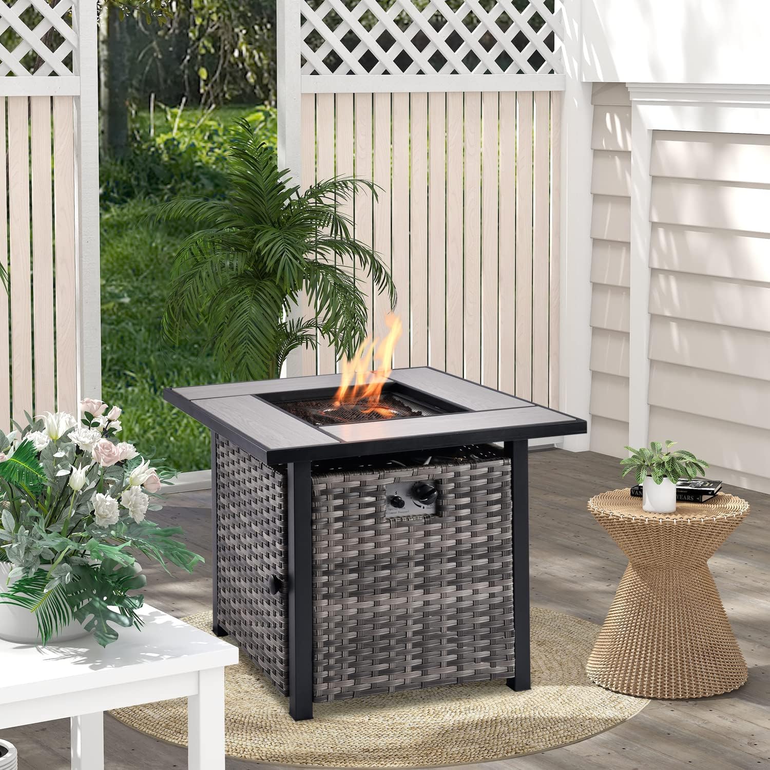 ovios Fire Pits 30 Inch Outdoor Gas Fire Pit Table, 50,000 BTU Steel Fire Pit with Lid and Volcanic Rock Wicker Rattan Patio Coffee Table for Backyard Deck Balcony (Grey-Large Square)