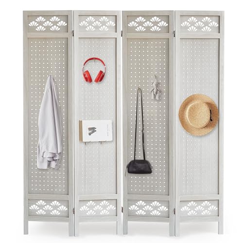 6 Panel Room Dividers and Folding Privacy Screens, 5.6Ft Wooden Pegboard Display, Privacy Dividers for Bedroom, Portable Dispxlay Board Organizer for Store, Jewelry Display, White