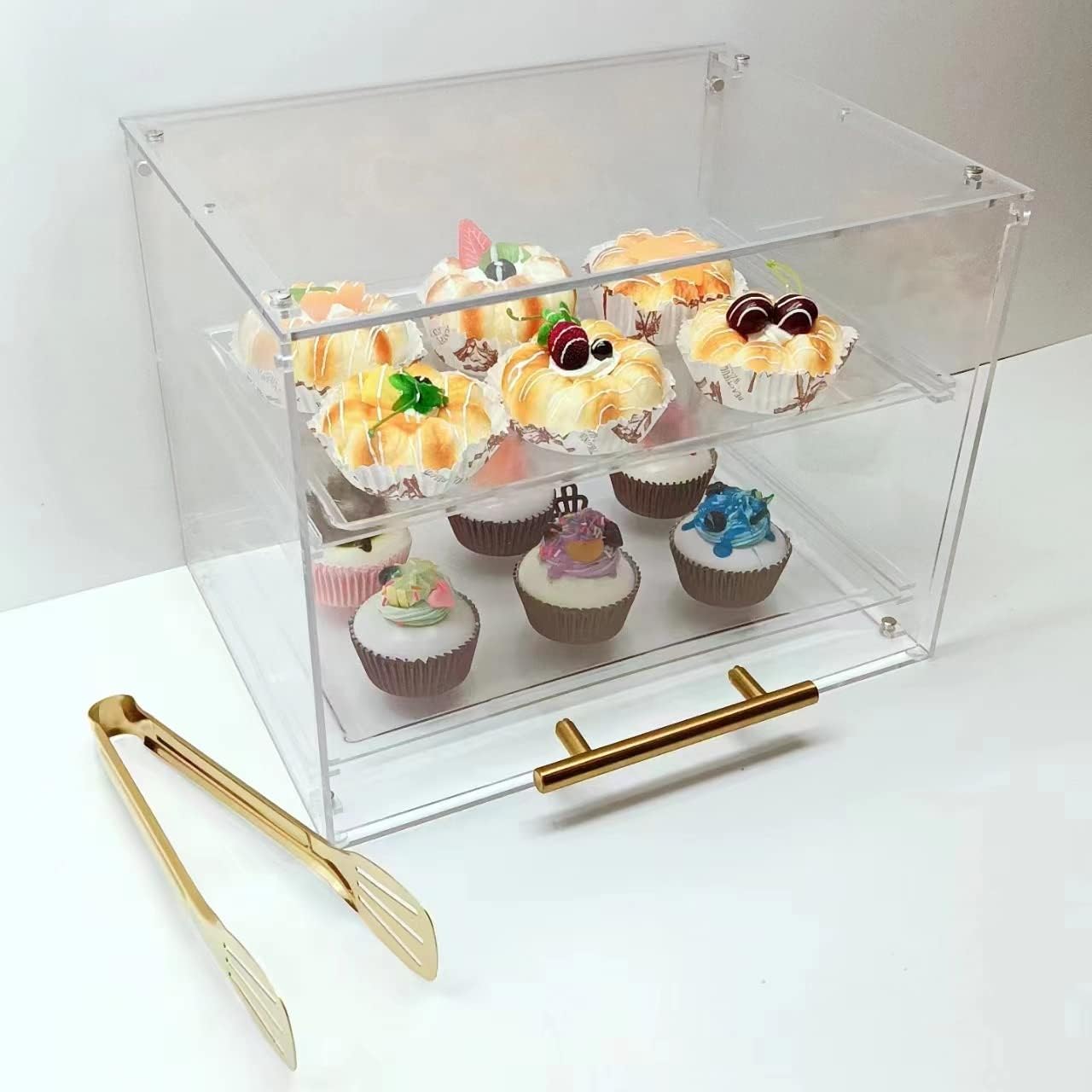 Lyxhouse Acrylic Bakery Pastry Display Case 2 Trays With Front Door(Including Cross Screwdriver And Bread Clip) With13.4” L x 9.8” W x 10.2” H