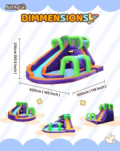 Water Slide InflatableBounce House for Kids with Blower. Family Backyard Bouncy Castle with Fun Doorway Tunnel, Climbing Wall,Long Safe Return Curved Slide and Ball Shooting