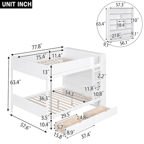 Twin Over Twin Bunk Beds with Storage Bookcase, Wood Bunk Bed Frame with 2 Drawers and Ladder for Kids Teens, No Box Spring Needed, White