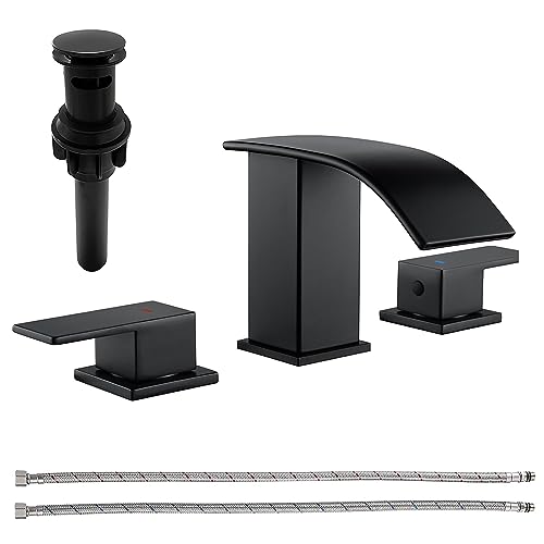 Waterfall Bathroom Faucets for Sink 3 Hole Brushed Nickel Bathroom Sink Faucet with Pop Up Drain 8 Inch Widespread Basin Faucet Modern Vanity Faucet 2 Handle Deck Mount Vessel Faucet
