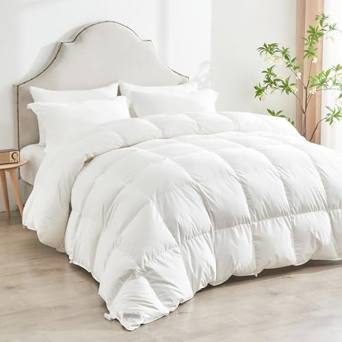All Season White Goose Feather Down Comforter, King Size Down Comforter 100% Cotton Duvet Insert, Baffle Box Design, 8 Corner Tabs, Fluffy and Cozy - King 106 X 90”, 66oz Fill Weight