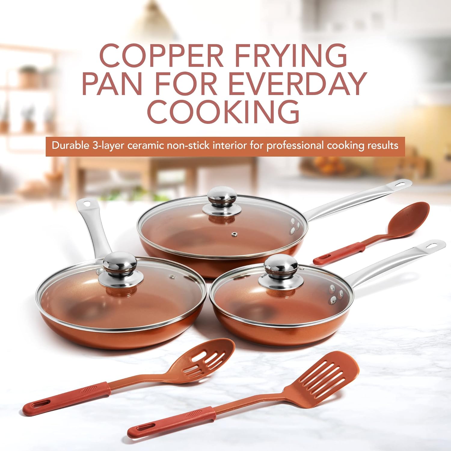 Razab Copper Frying Pan Set with Lids, 8