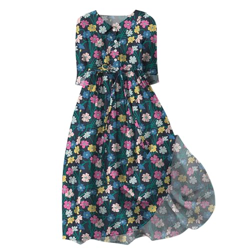 Dresses for Women Loose Mid-Length Sleeve Art Floral Print Button Up Casual Women'S Dresses