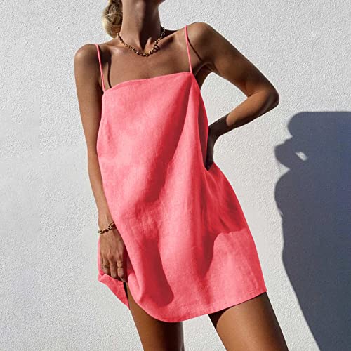 Womens Linen Spaghetti Strap Sleeveless Summer Mini Dresses Cute A-Line Back Zip Short Cami Dress Beach Party Sundress