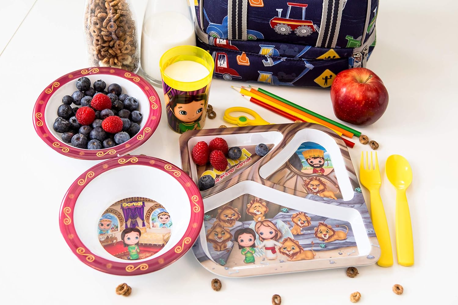 He Loves Me Kids Feeding Daniel 3 Piece Sets Toddler Dishes Multicolor, BPA Free, Kids Dinnerware Includes Round Bowl, Divided Plate and Children’s Tumbler Cup Gift for Birthdays & Graduations