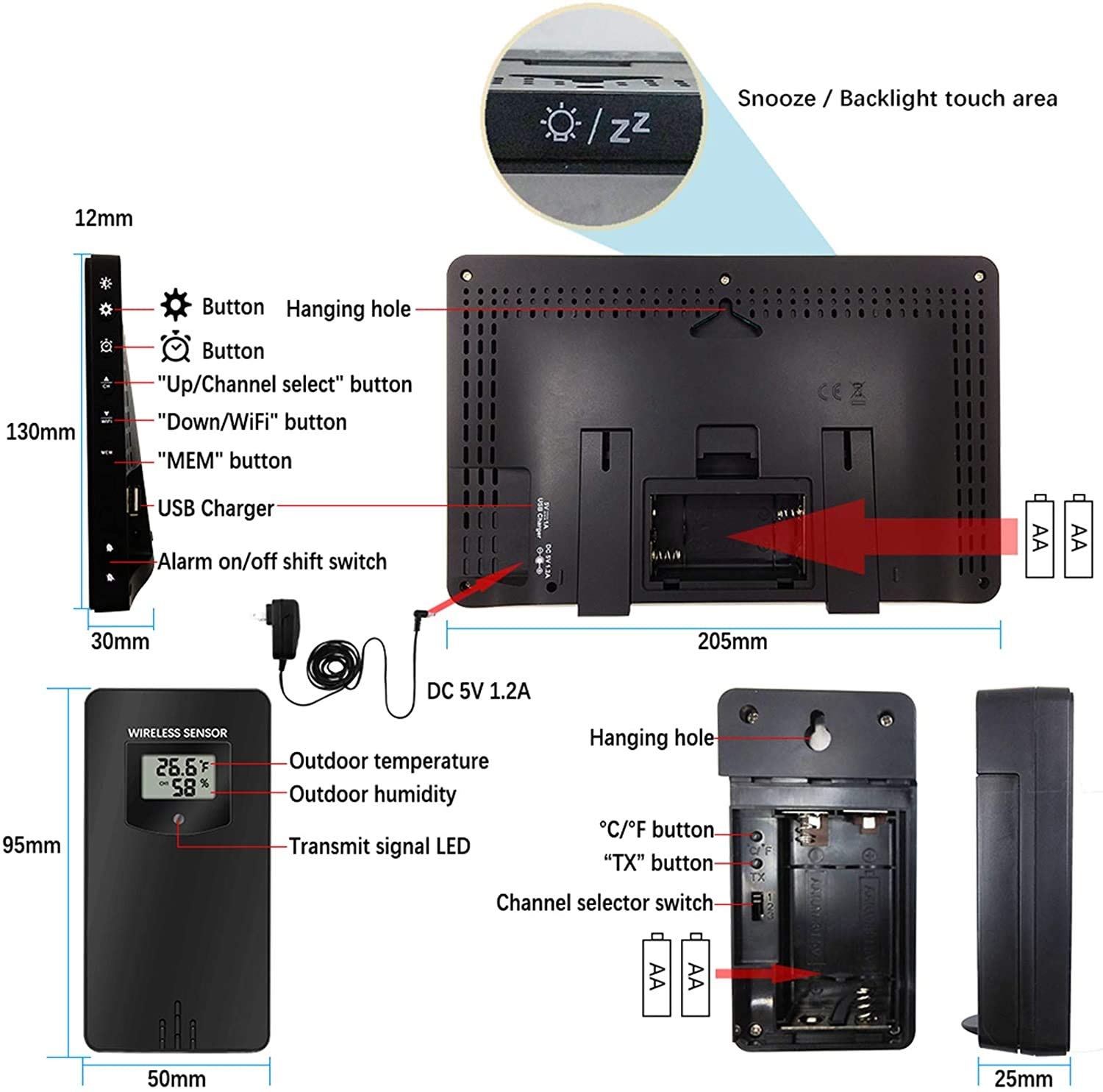 KouRy Weather Station,Wireless Indoor Outdoor Colorful Display Home Thermometer Hygrometer with Sensors and 4 Level Adjustable Backlight Humidity Monitor Weather Forecast Alarm Clock，for home office (