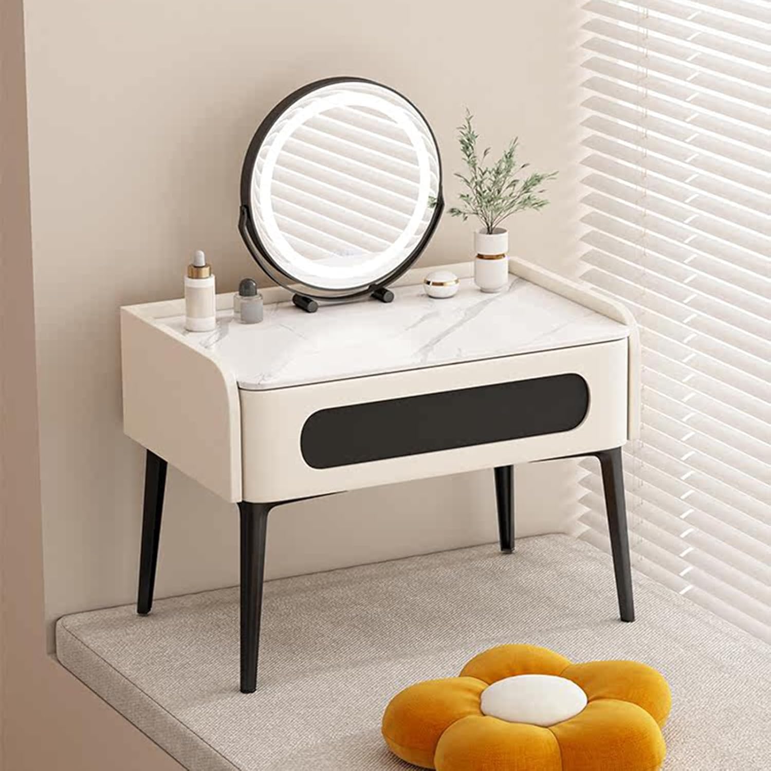 Modern Small Unit Type Bedroom Bay Window Vanity Desk with LED Mirror, Unique Mini Makeup Table, 3 Adjustable Lighting Modes, Space Saving Modern Dressing Table for Her