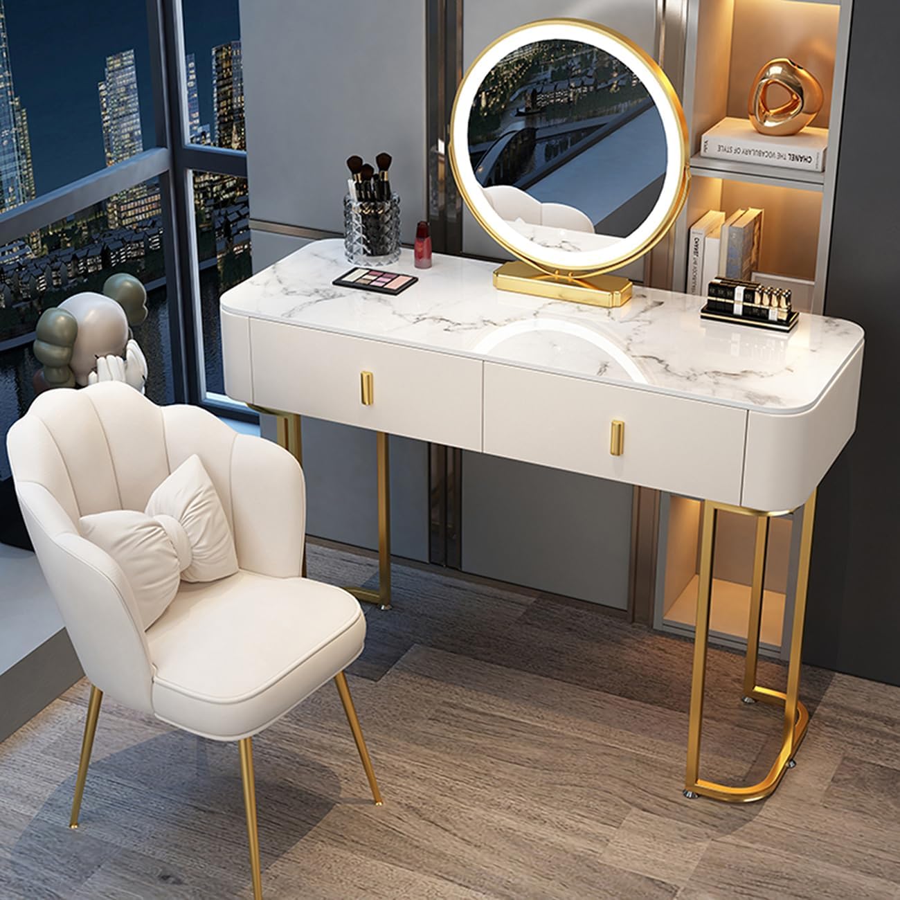 Luxury Vanity Table with Drawers - Bedroom Vanity Desk Set with Chair & LED Smart Makeup Mirror, New Makeup Experience Dressing Table for Her