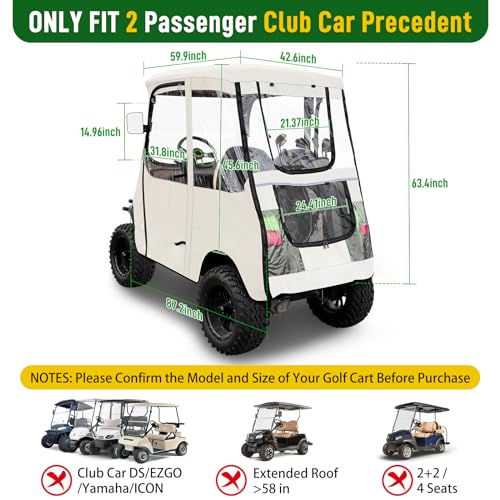 Golf Cart Deluxe Driving Enclosure 2 Passenger Only Fits Club Car Precedent Golf Cart with Door Zippers, Clear Window 600D Heavy Duty Drivable Rain Cover All Weather Waterproof Windproof