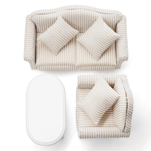 Odoria 1/12 Miniature White Coffee Table and Upholstered Chair Sofa Set Mini Armchair Striped Khaki Couch Miniatures Dollhouse Furniture Accessories Doll House Accessory