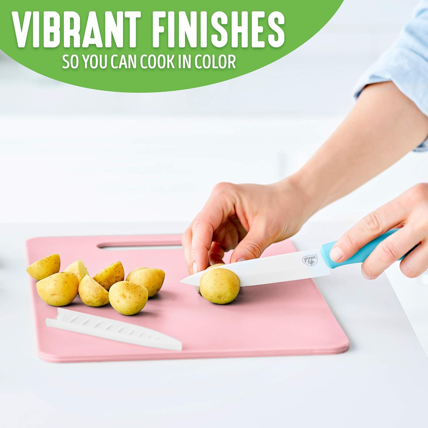 GreenLife Soft Grip Healthy Ceramic Nonstick, 16 Piece Cookware Pots and Pans Set, PFAS-Free, Dishwasher Safe, Soft Pink & 2 Piece Cutting Board Kitchen Set, Dishwasher Safe, Extra Durable, Soft Pink