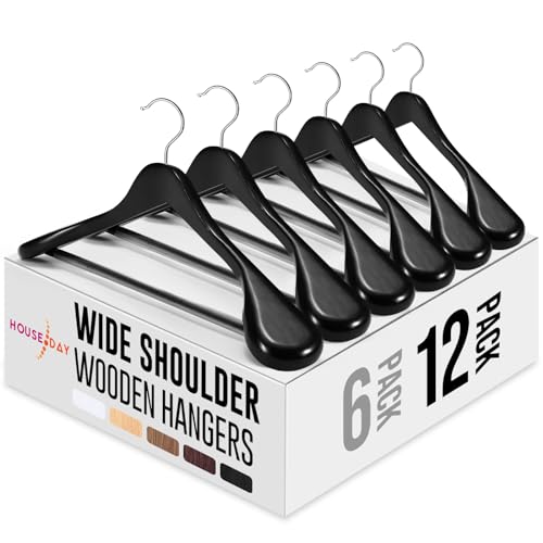 HOUSE DAY Wide Shoulder Wooden Hangers, Suit Hangers with Non Slip Pants Bar, Smooth Finish 360° Swivel Hook High-Grade Solid Wood Coat Hangers for Dress, Jacket, Heavy Clothes Hanger 6 Pack (Natural)