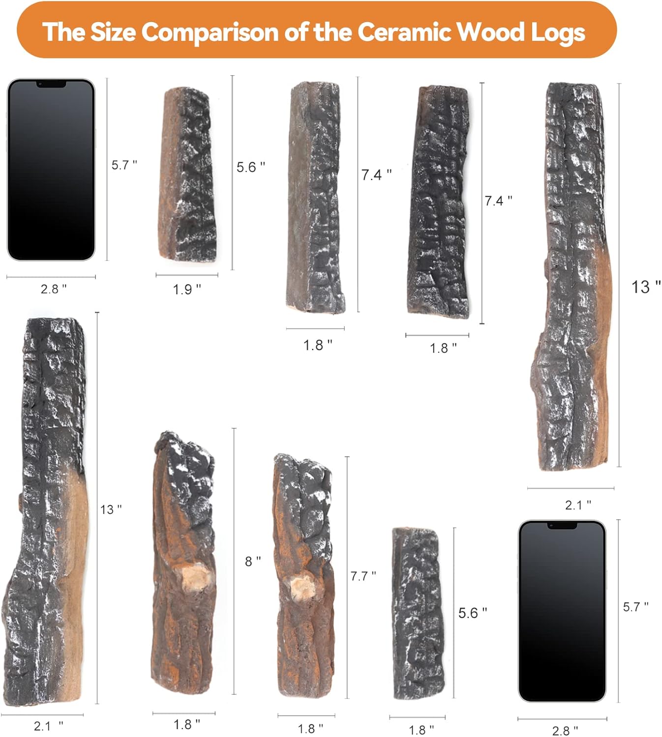 Skyflame 8 Small Piece Set of Ceramic Wood Logs and 6 Piece Set of Large White Birch Ceramic Logs for All Types of Indoor/Outdoor Gas Inserts, Ventless, Fireplaces and Fire Pits