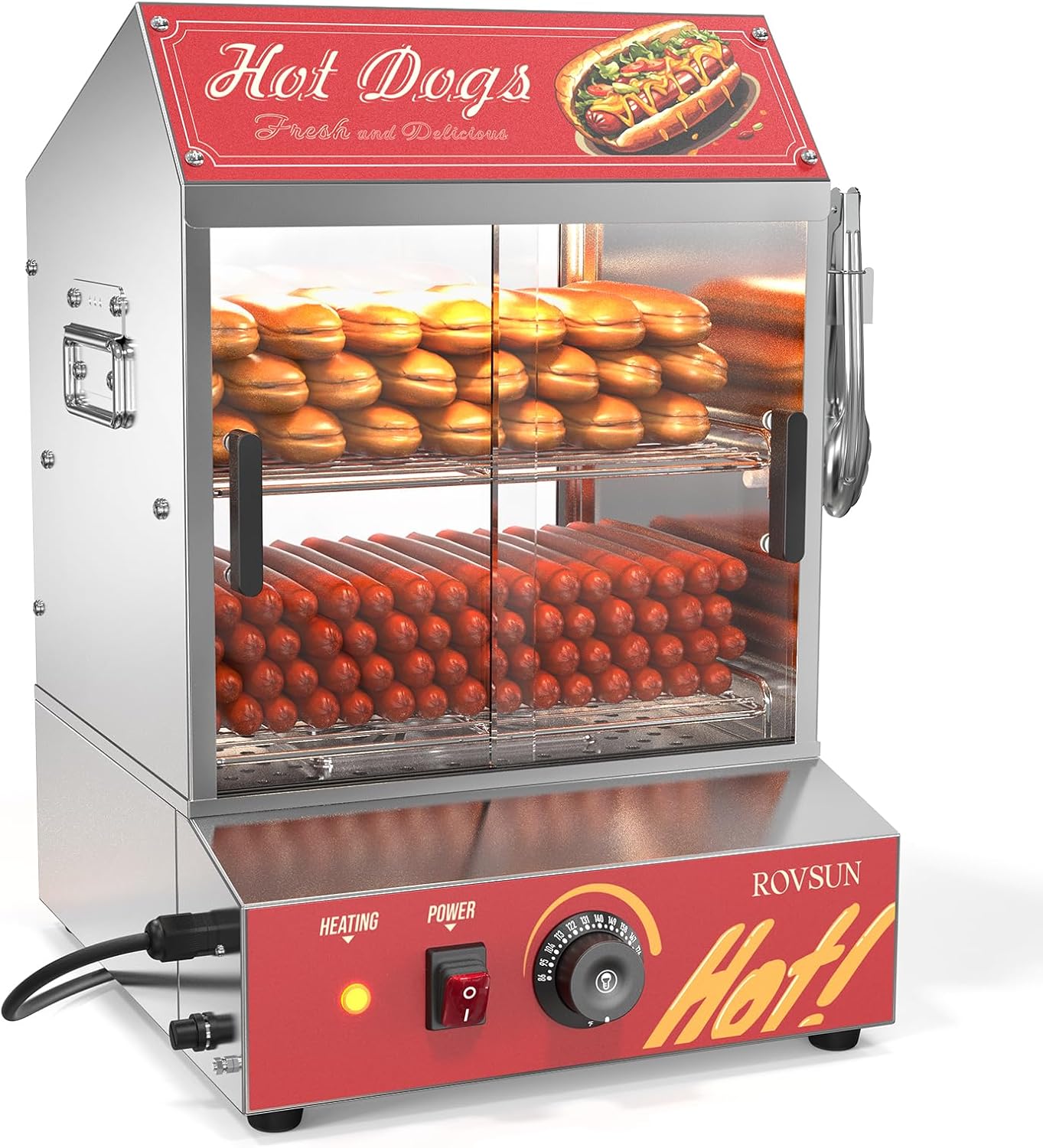 Hot Dog Steamer 175 Hot Dogs & 40 Buns Capacity, 31.7QT/30L Hut Steamer Hot Dog Steamer and Bun Warmer Cooker 2-Tier with Removable Shelves Food Clip for Party Event Concession Stand