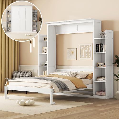 Queen Size Murphy Bed with 2 Five-Layer Cabinets and LED Lights, Easy Fold Wood Wall Bed, Space-Saving Murphy Bed Cabinet for Guest Room Home Office (Gray/Shelves+LED Lights)