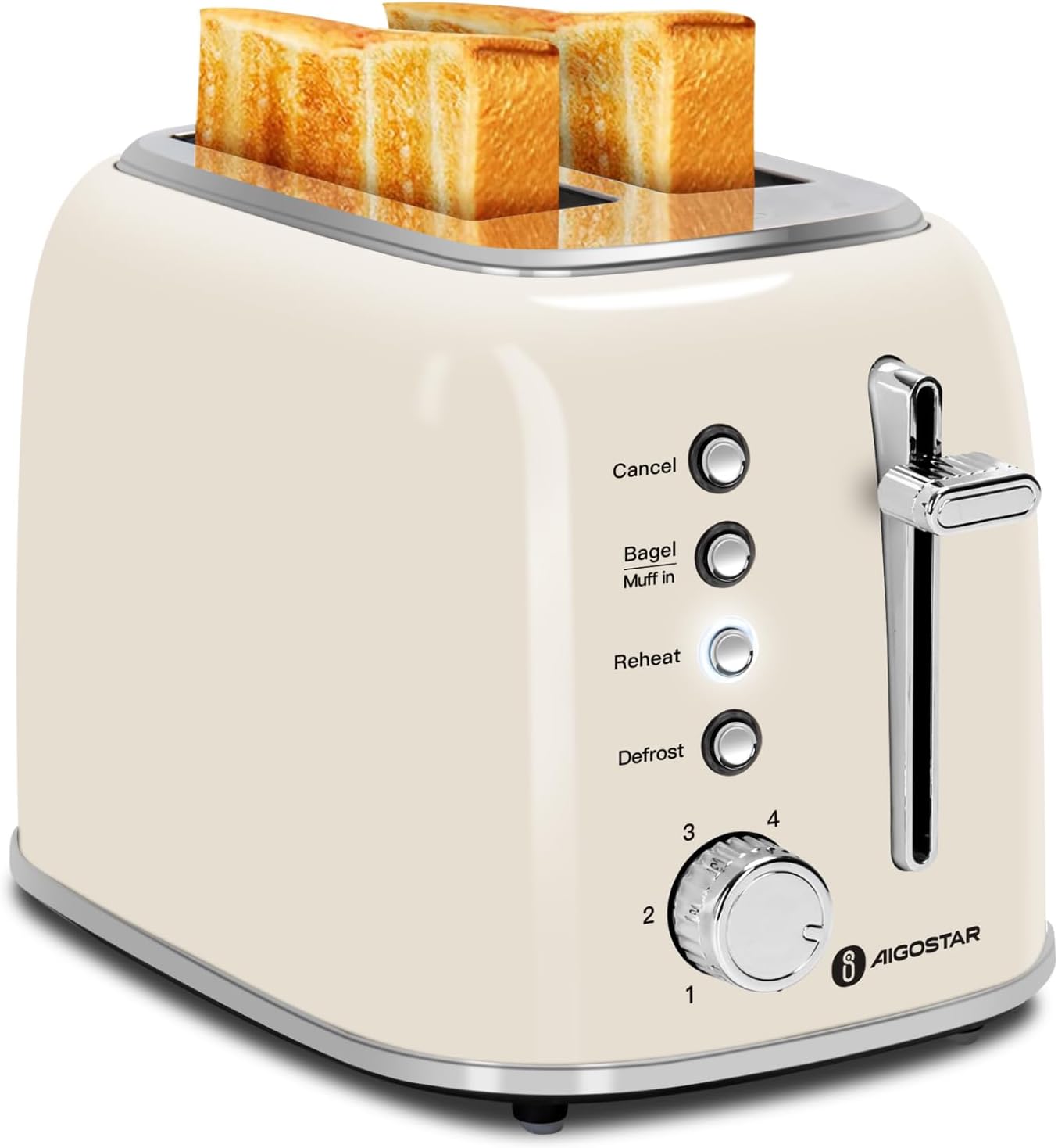 Aigostar Toaster 2 Slice, Retro Extra-Wide Slot Toaster for Toasting Bagel Breads Waffle & More with Cancel, Defrost Function and 6 Browning Setting, Removable Crumb Tray, Stainless Steel, Cream White