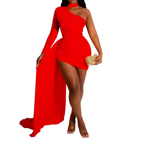 Women'S One Shoulder Wrap Party Midi Dress Elegant Fall Long Sleeve Dress Evening Wedding Bodycon Cocktail Dress