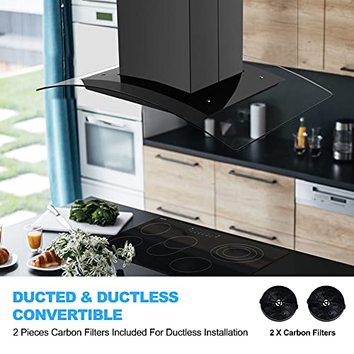 30 Inch Island Range Hood, thermomate 350 CFM Black Stainless Steel Stove Vent Hood with 4 LED Lights, 3 Speed Exhaust Fan with Touch Control, Ducted/Ductless Convertible, ETL Certified