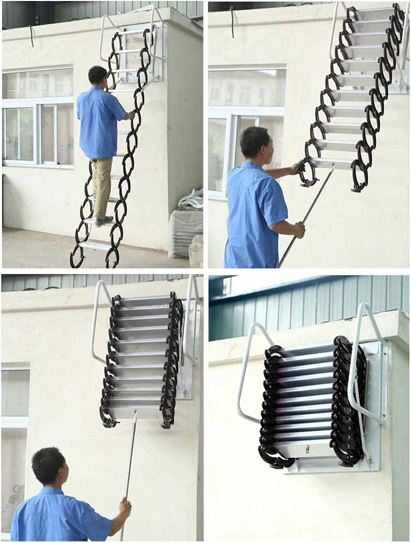 INTBUYING 12 Pedals Blue-white Loft Large Wall Ladder, Wall Mounted Attic Extension Folding Stair Al-Mg Alloy Material Max 9.8 ft Vertial Height with Two Armrests and Long Pull Rod