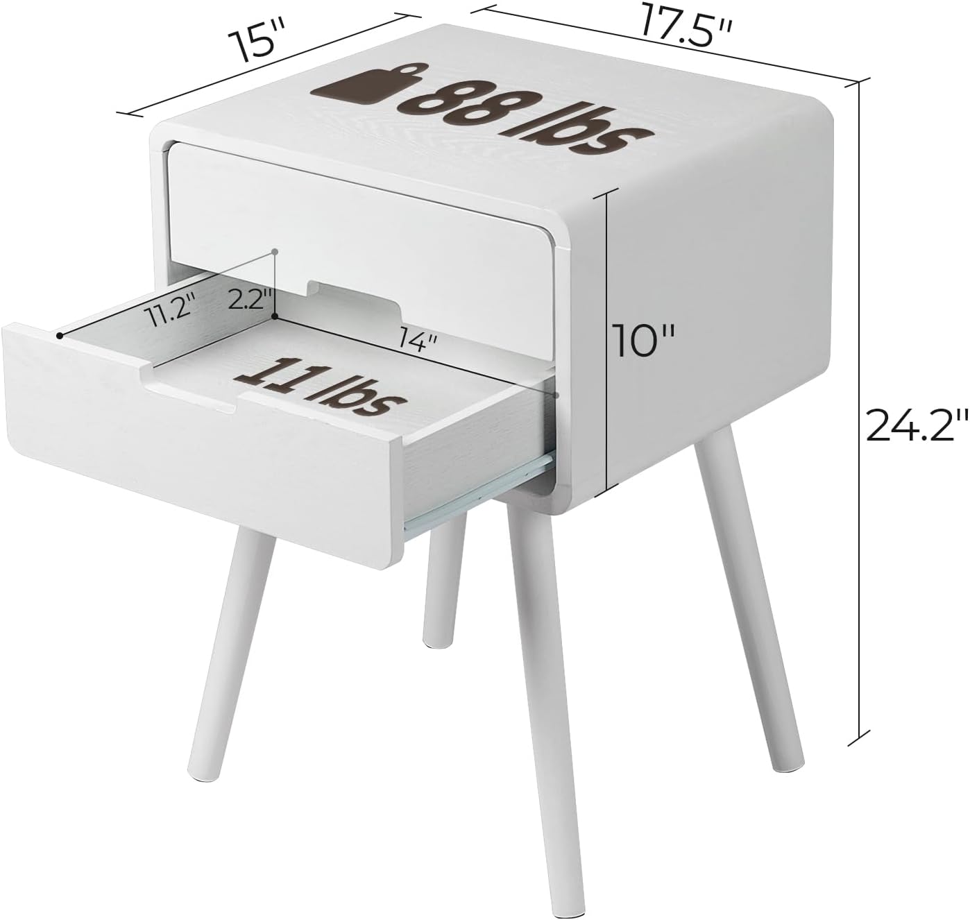 White End Side Table Nightstand with Storage Drawer -Fashion Modern Storage Cabinet Bedroom Bedside -Solid Wood Legs Living Room Bedroom Furniture-Nightstand with Drawer, Bedside Cabinet Coffee Table